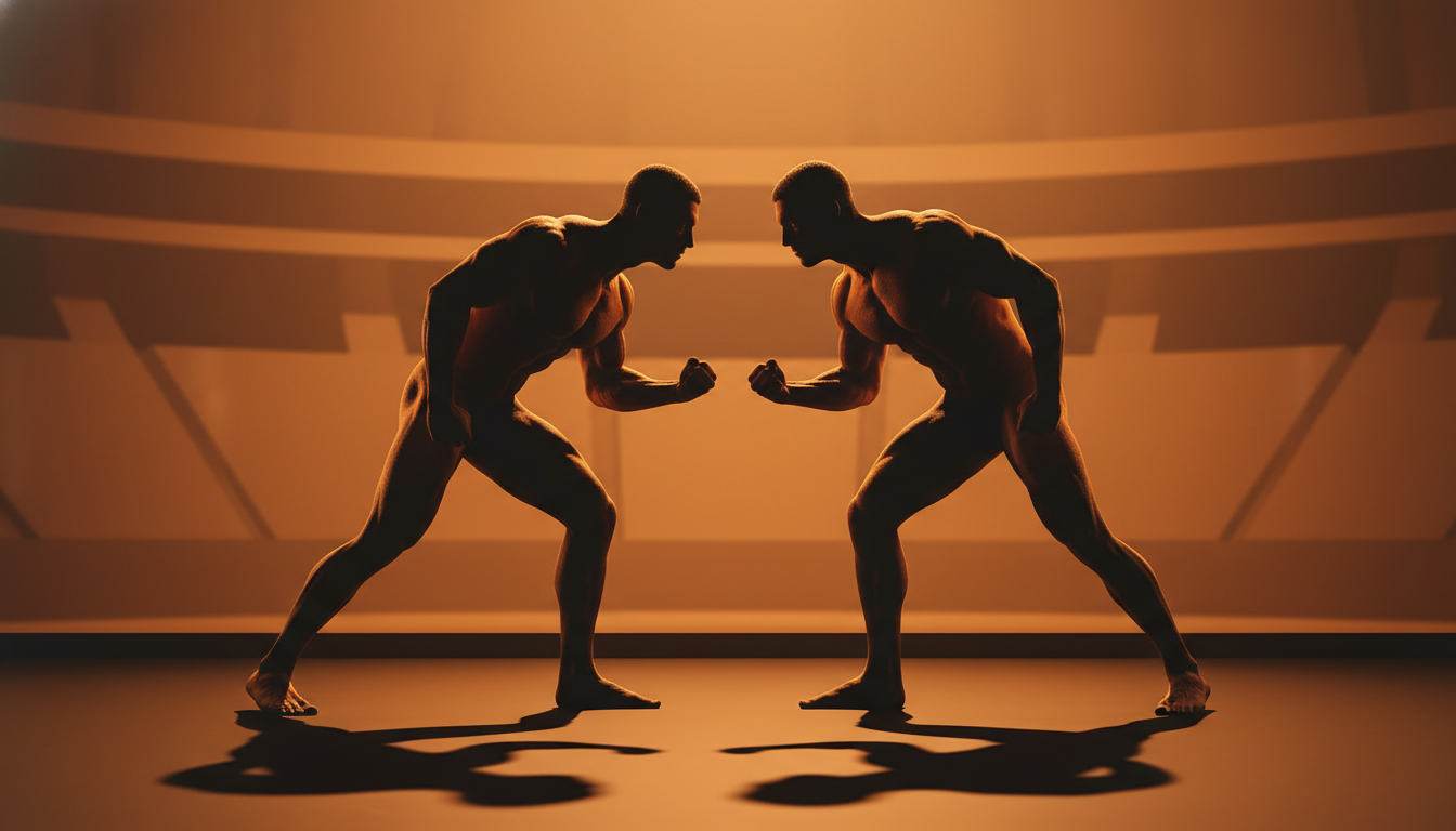 Deux silhouettes masculines face à face symbolisant la rivalité