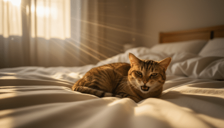 Chat tigré ronronnant au petit matin sur un lit