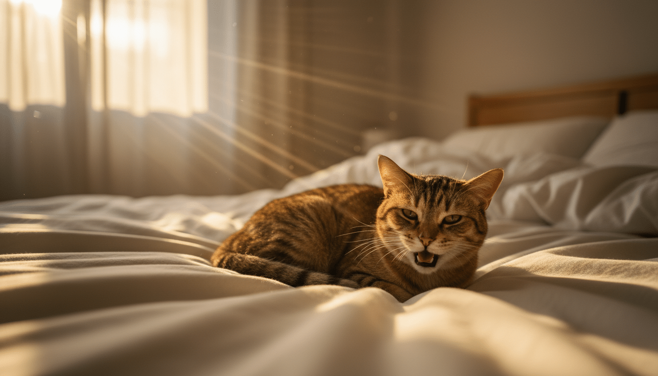 Chat tigré ronronnant au petit matin sur un lit