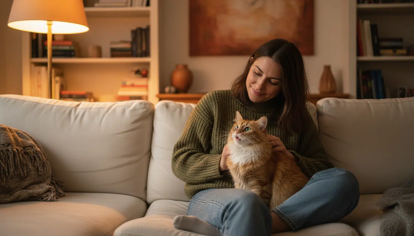 Chat regardant sa propriétaire en ronronnant sur le canapé