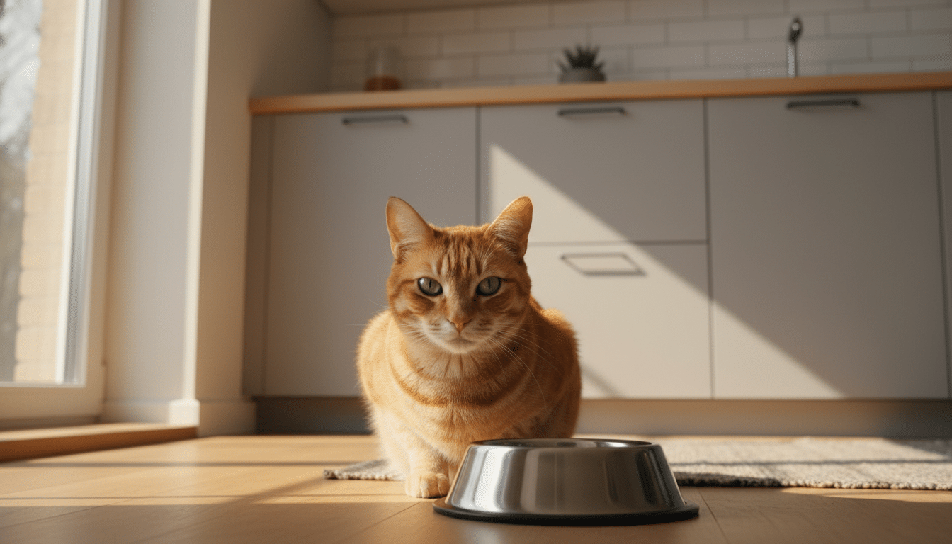 Chat assis devant sa gamelle vide dans une cuisine