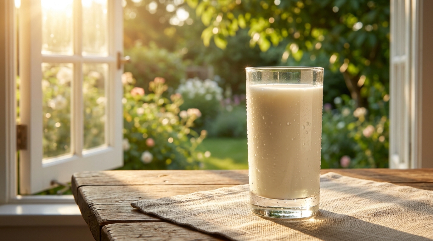 Verre de lait frais sur table en bois par temps chaud