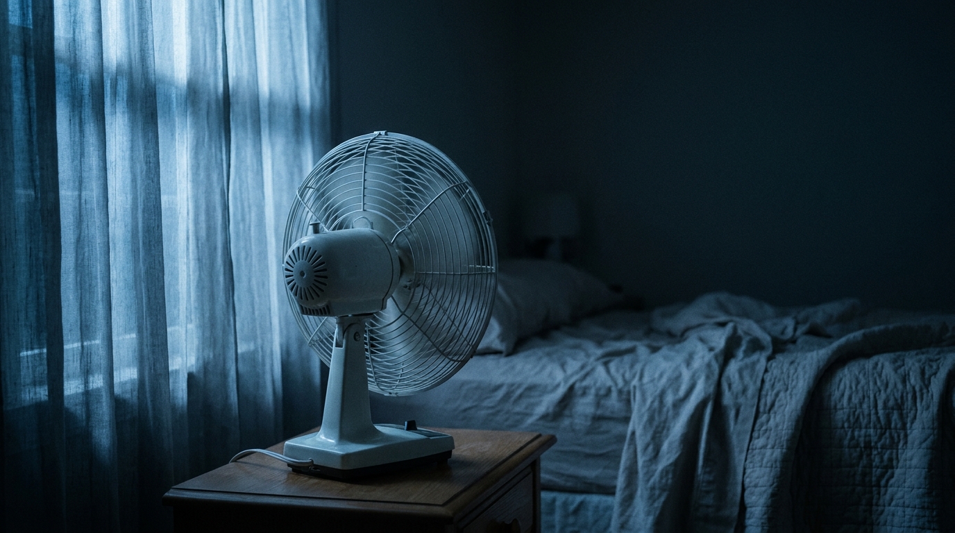 Ventilateur oscillant dans une chambre sombre la nuit