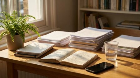 Bureau avec livre ouvert et smartphone posé à côté