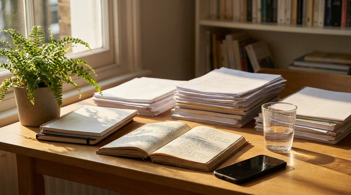 Bureau avec livre ouvert et smartphone posé à côté