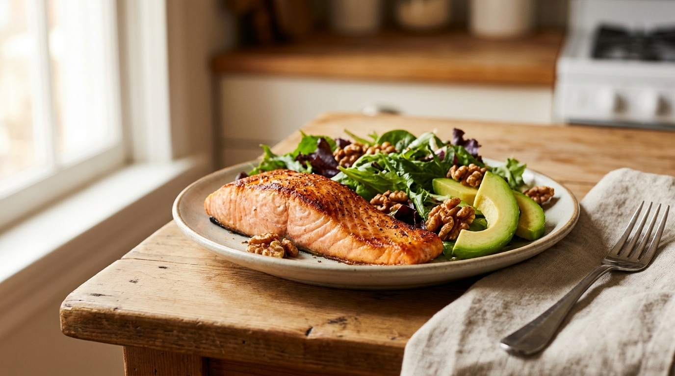 Assiette de saumon, avocat et noix sur table en bois