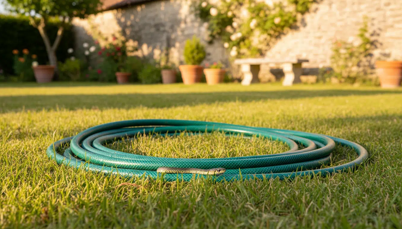Serpent caché sous un tuyau d'arrosage enroulé au jardin