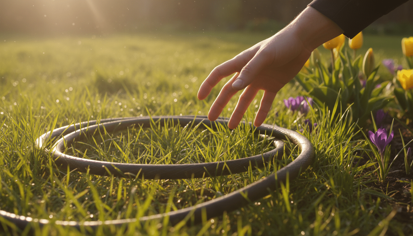 Main qui s'approche d'un tuyau d'arrosage dans les herbes hautes