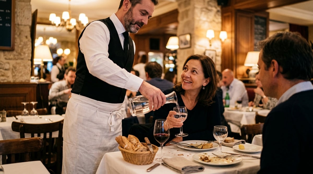 Serveur versant de l'eau en carafe dans un restaurant français