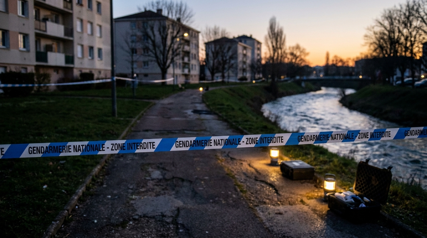Ruban de police tendu près d'un quartier résidentiel au crépuscule