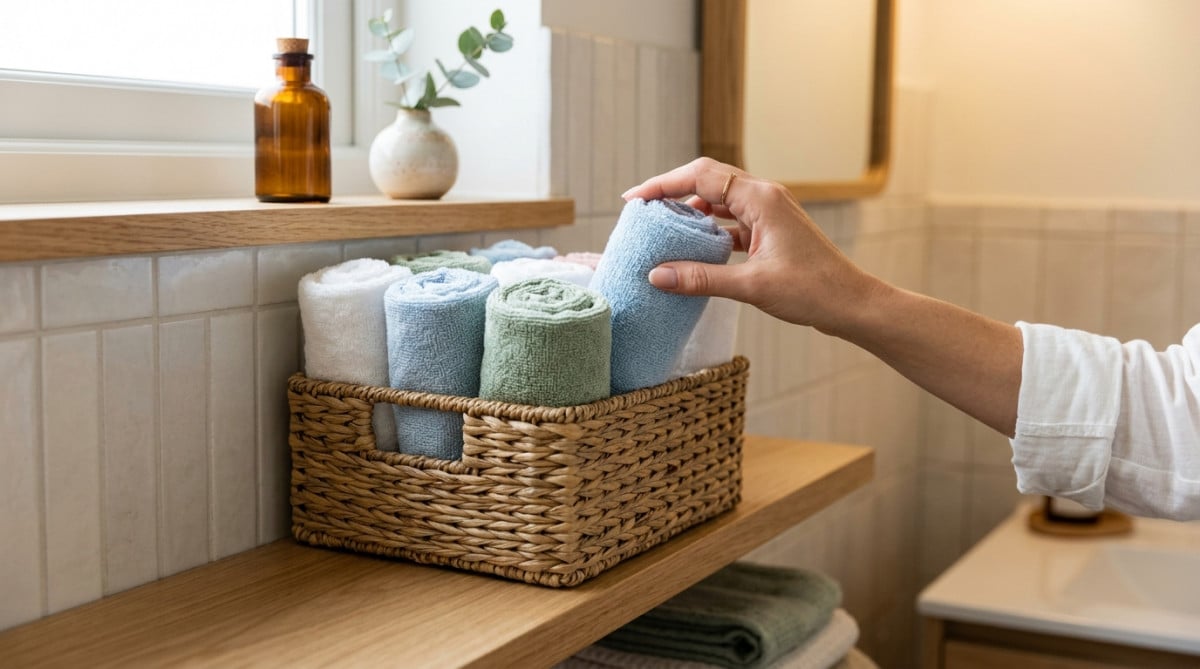 Serviettes roulées rangées verticalement dans un panier de salle de bain