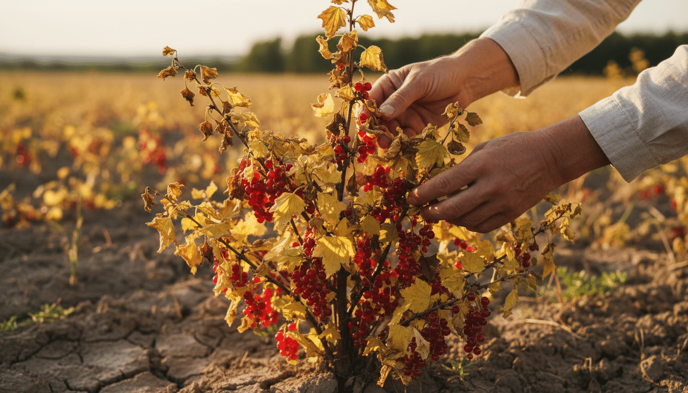 Feuilles jaunies d'un groseillier en période de canicule