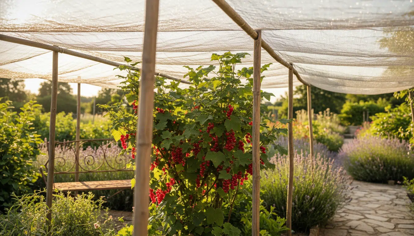 Voile d'ombrage installé au-dessus d'un groseillier en été