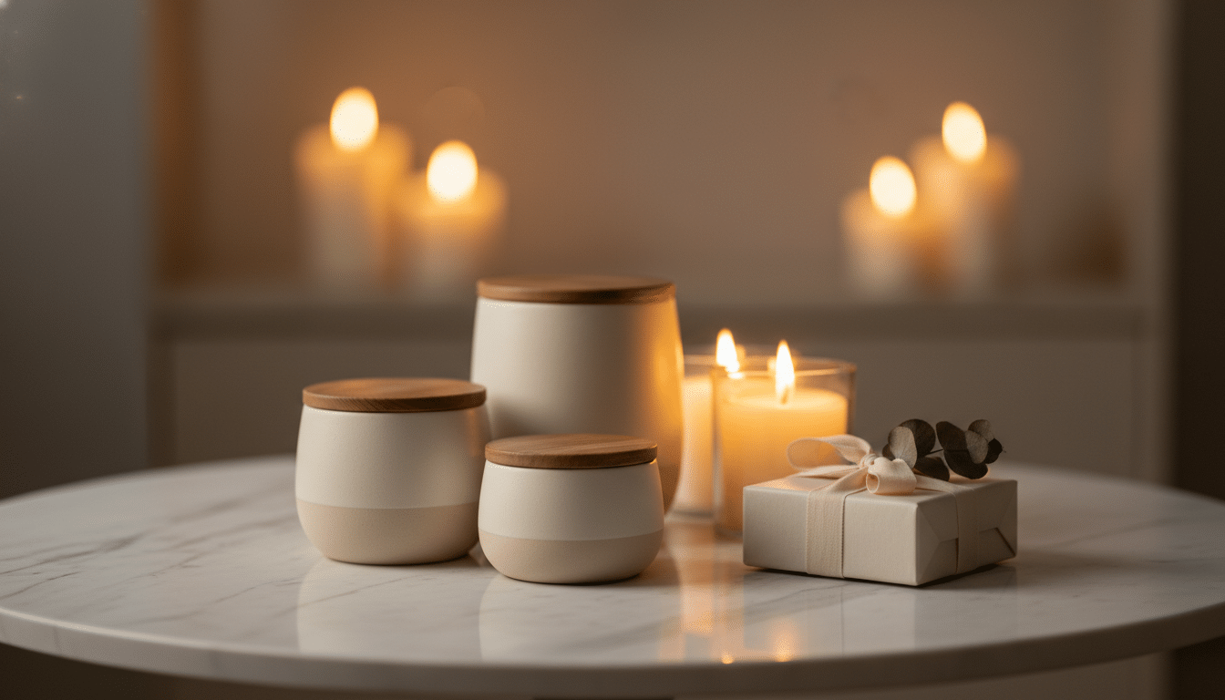 Produits lifestyle disposés sur une table en marbre avec bougies et bocaux céramique
