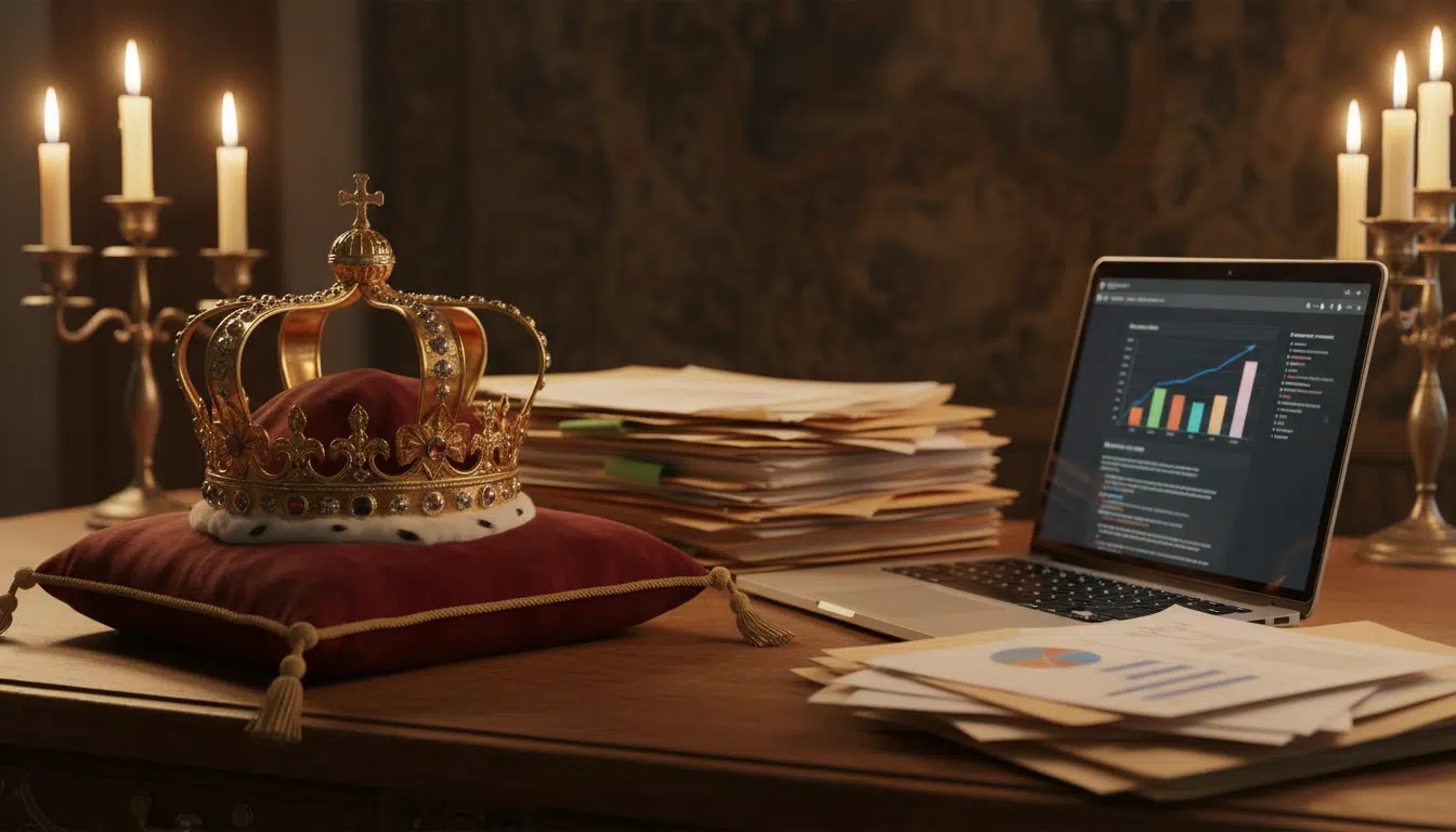 Couronne royale dorée posée sur un coussin de velours à côté de documents professionnels