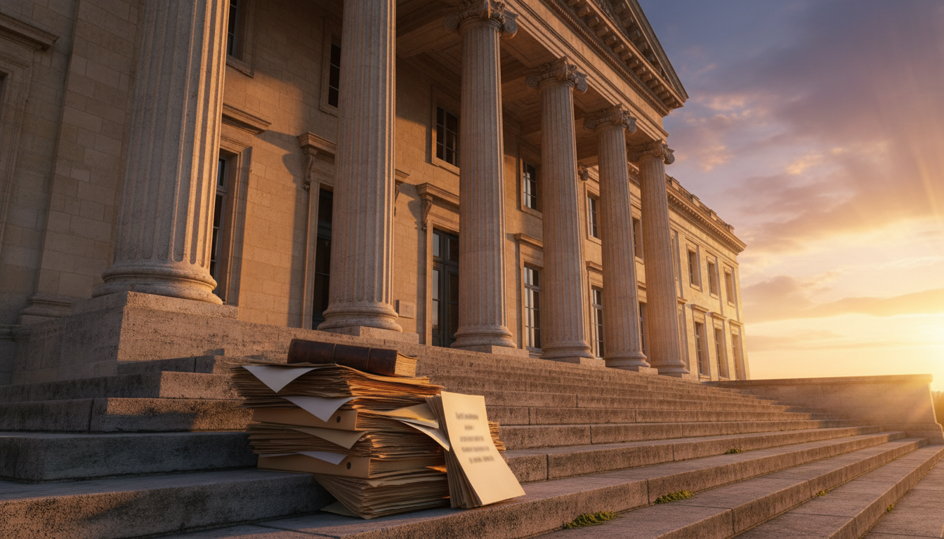 Palais de justice français avec dossiers juridiques sur les marches