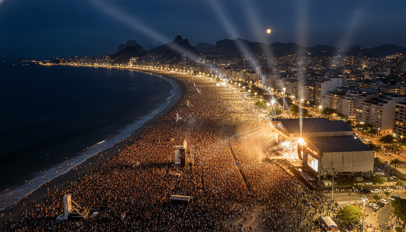Vue aérienne de la plage de Copacabana remplie de spectateurs lors du concert de Shakira