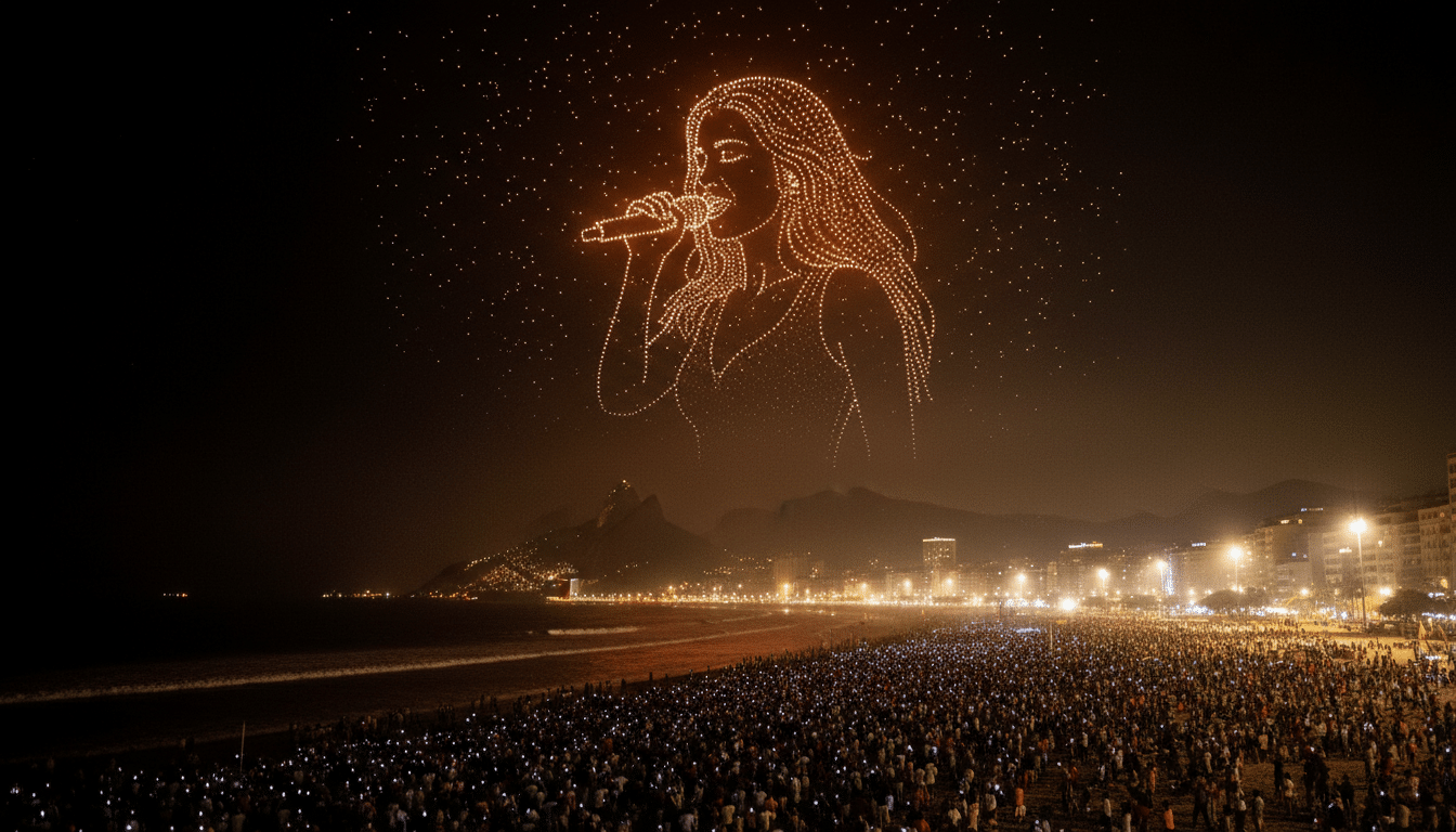 Spectacle de drones lumineux dans le ciel nocturne au-dessus de Copacabana