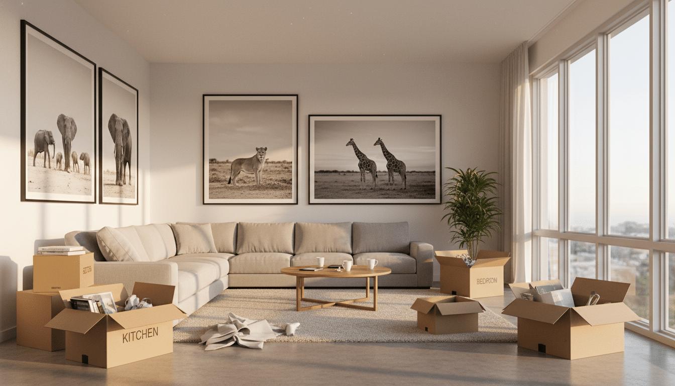 Appartement lumineux avec cartons de déménagement et photos de faune africaine aux murs