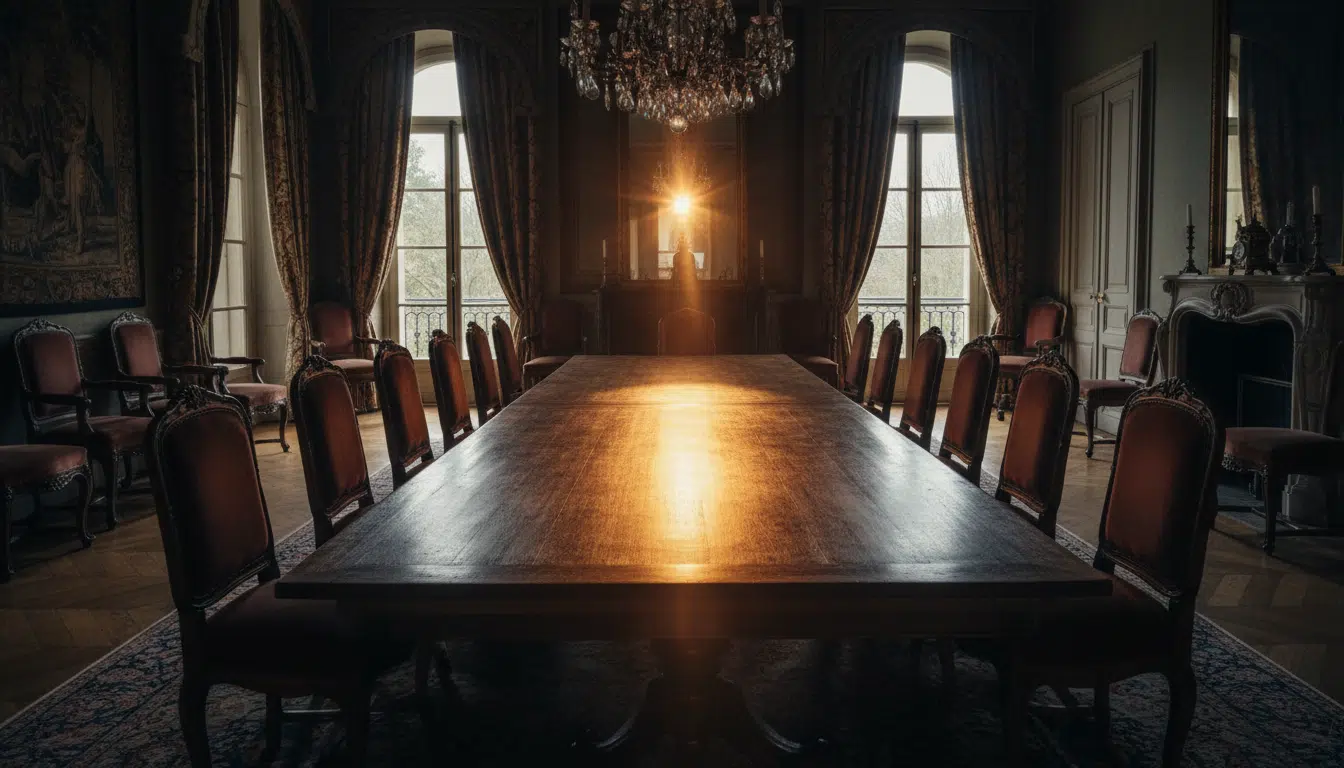 Table familiale divisée par la lumière et l'ombre, symbole d'un conflit familial