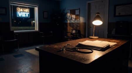 Cabinet vétérinaire sombre avec stéthoscope sur un bureau éclairé faiblement la nuit