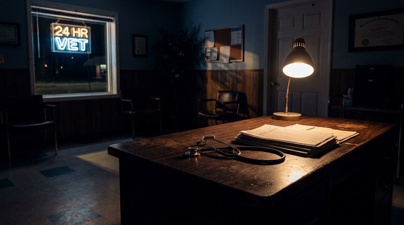 Cabinet vétérinaire sombre avec stéthoscope sur un bureau éclairé faiblement la nuit