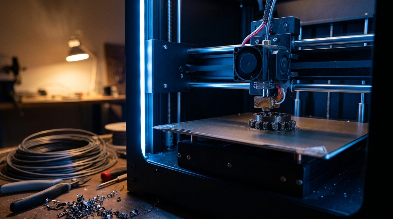 Imprimante 3D en fonctionnement dans un atelier sombre avec lueur bleue LED