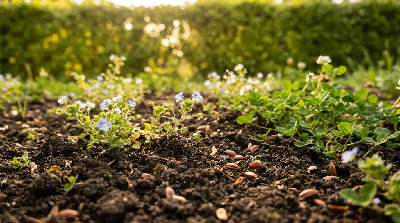 Sol de jardin sain avec fleurs sauvages et graines