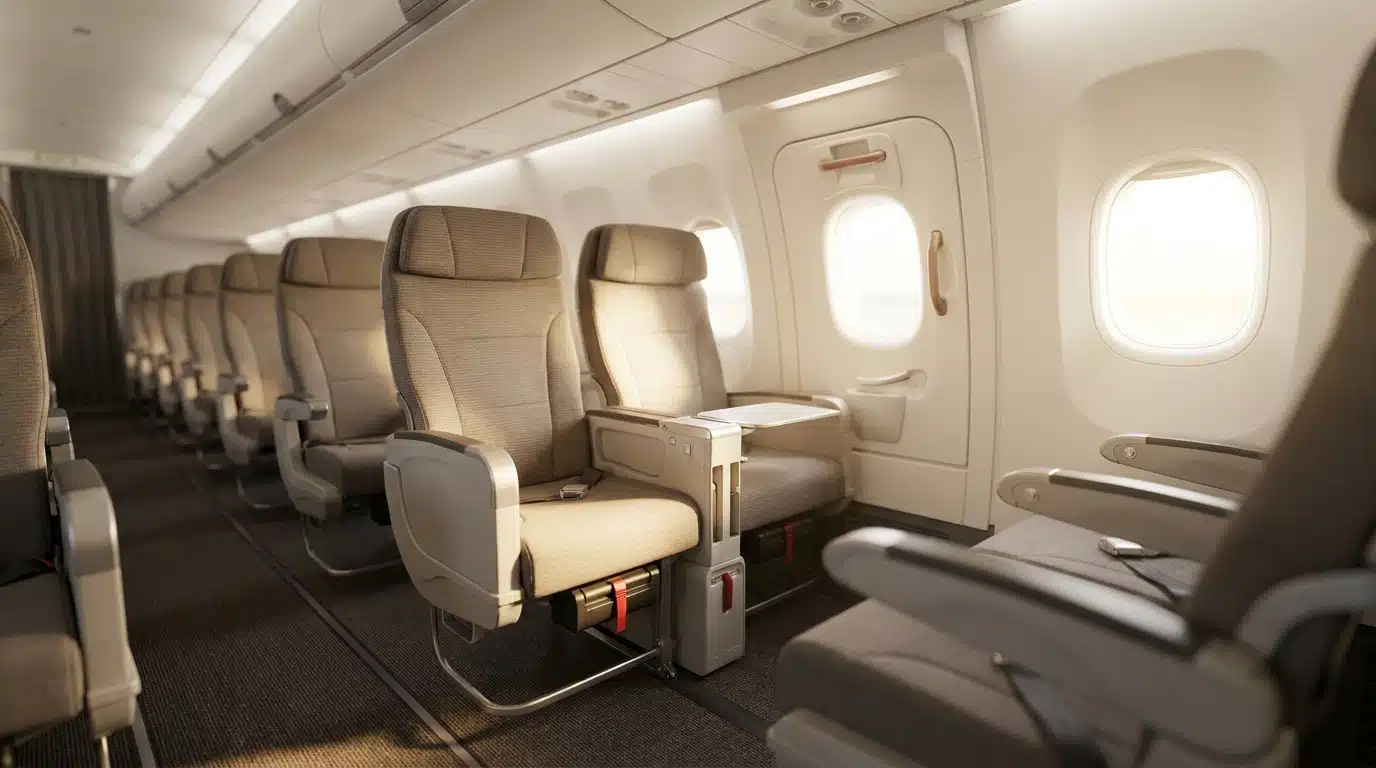 Rangée de sièges vides aux issues de secours dans un avion