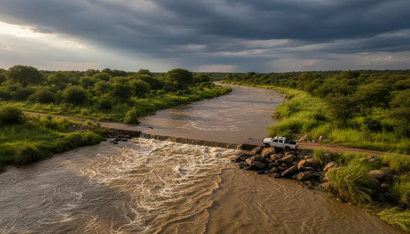 Pont submersible inondé avec un 4x4 bloqué en Afrique du Sud