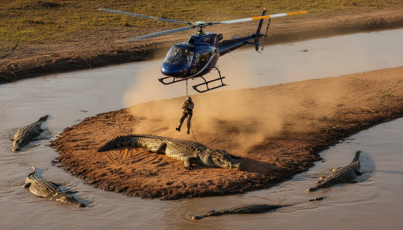 Hélicoptère de police hélitreuillant un crocodile depuis une île