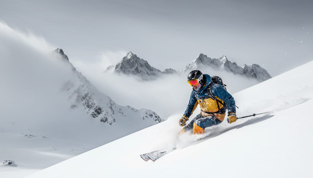 Skieur sous ciel gris avec peau rougie par les UV