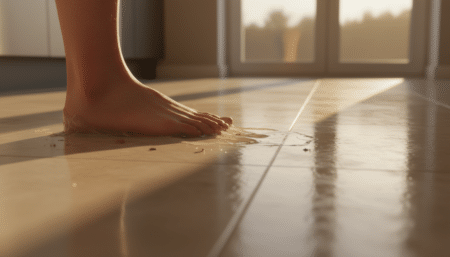 Pied nu posé sur un carrelage humide et collant