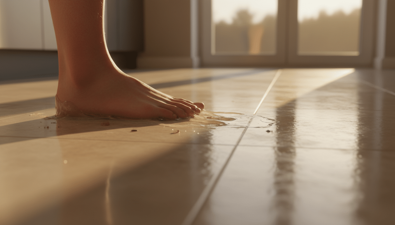 Pied nu posé sur un carrelage humide et collant