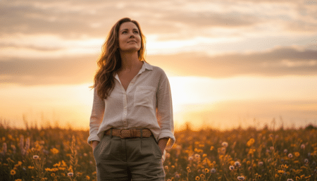Femme confiante regardant un ciel doré au coucher du soleil