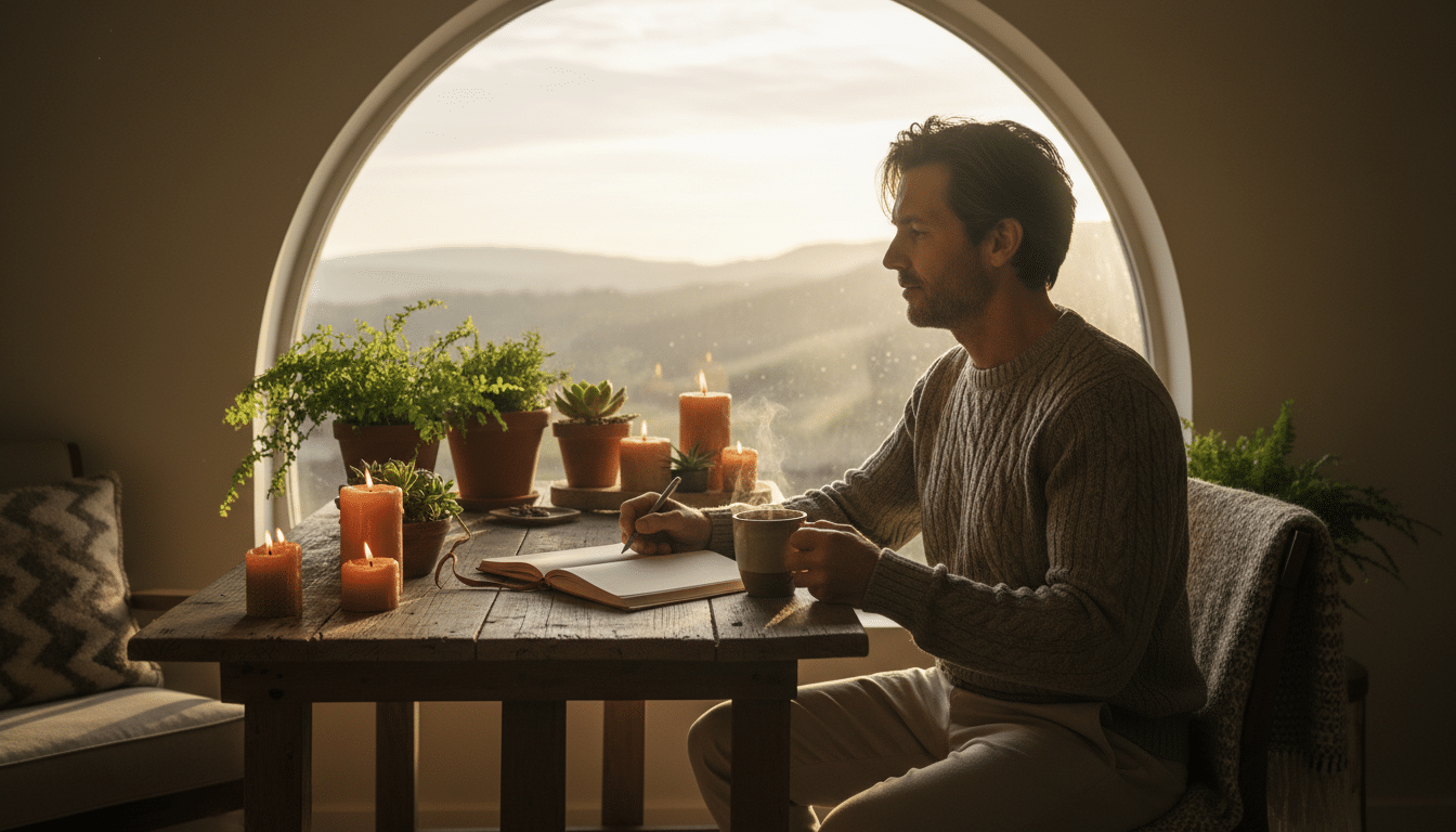 Homme écrivant dans un journal au lever du soleil
