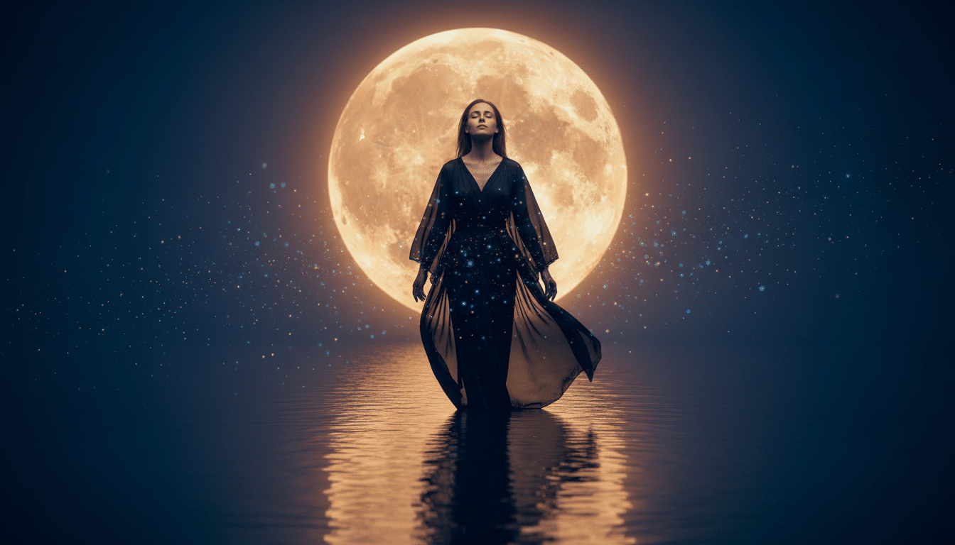 Femme méditant sous la pleine lune au bord de l'eau