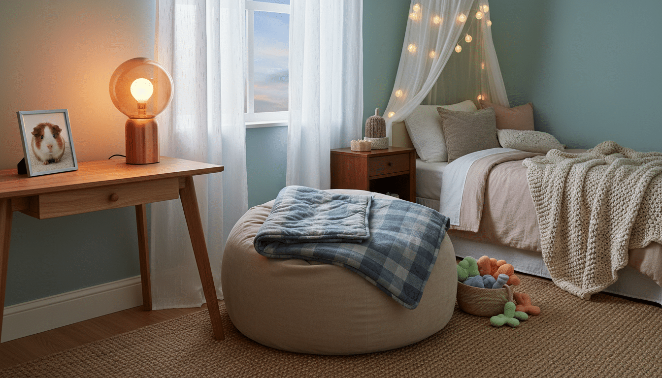 Chambre d'enfant avec objets sensoriels et photo d'un cochon