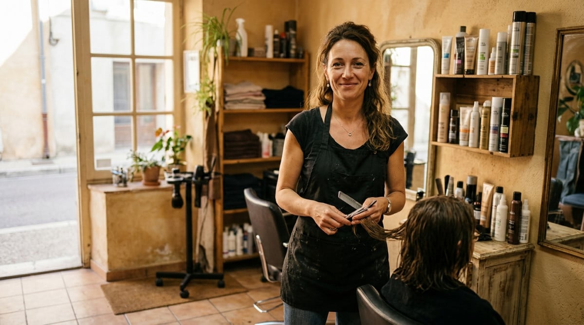 Sonia coiffeuse dans son salon à Perpignan