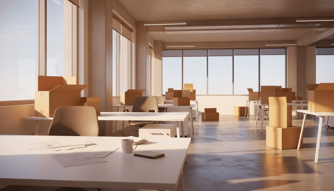 Bureaux vides avec cartons de déménagement et papiers