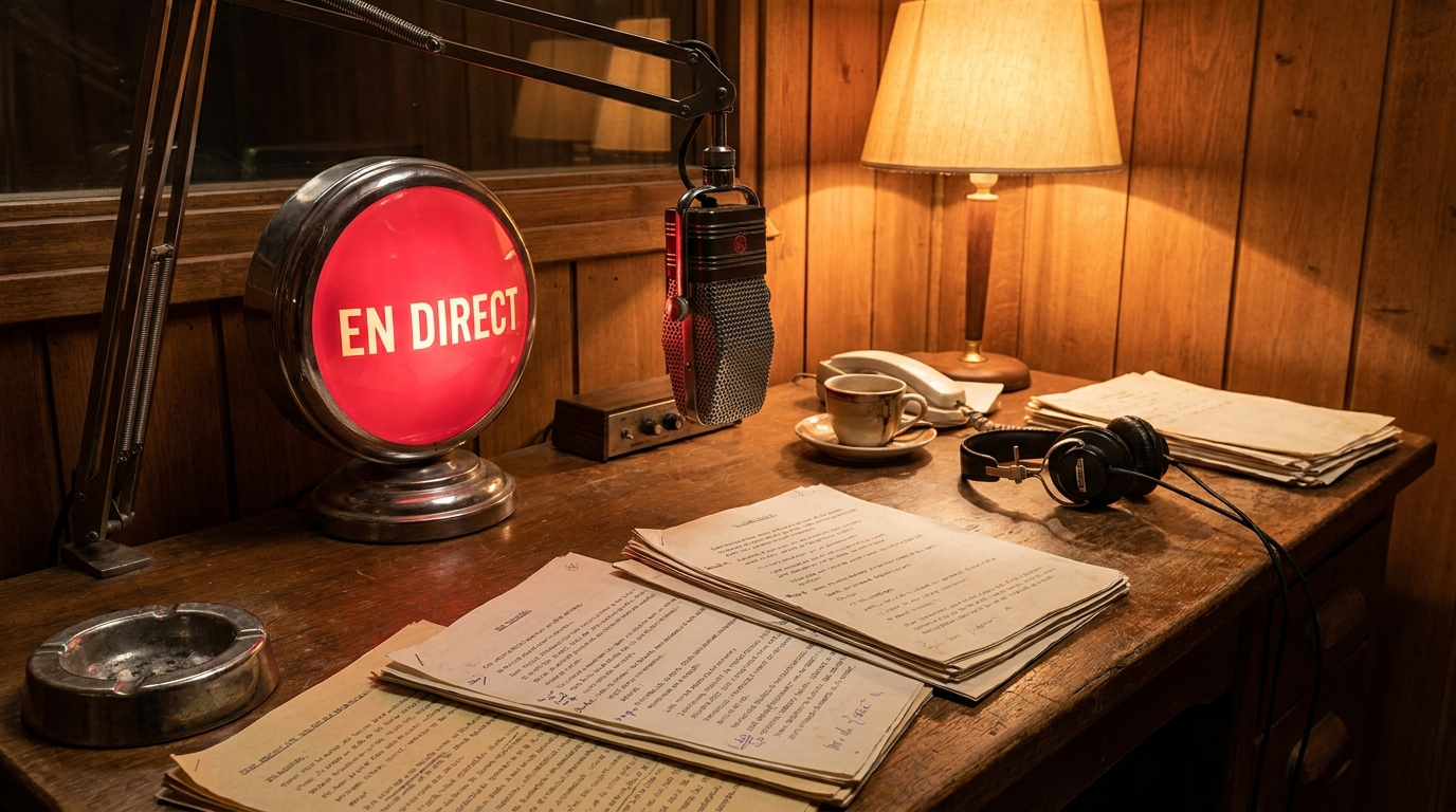 Bureau de radio vintage avec lampe rouge allumée et scripts éparpillés
