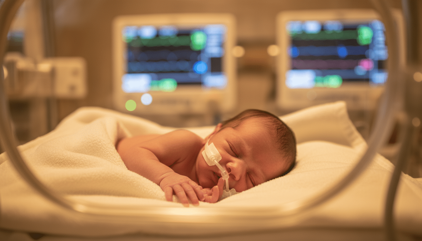Bébé prématuré en couveuse avec assistance respiratoire