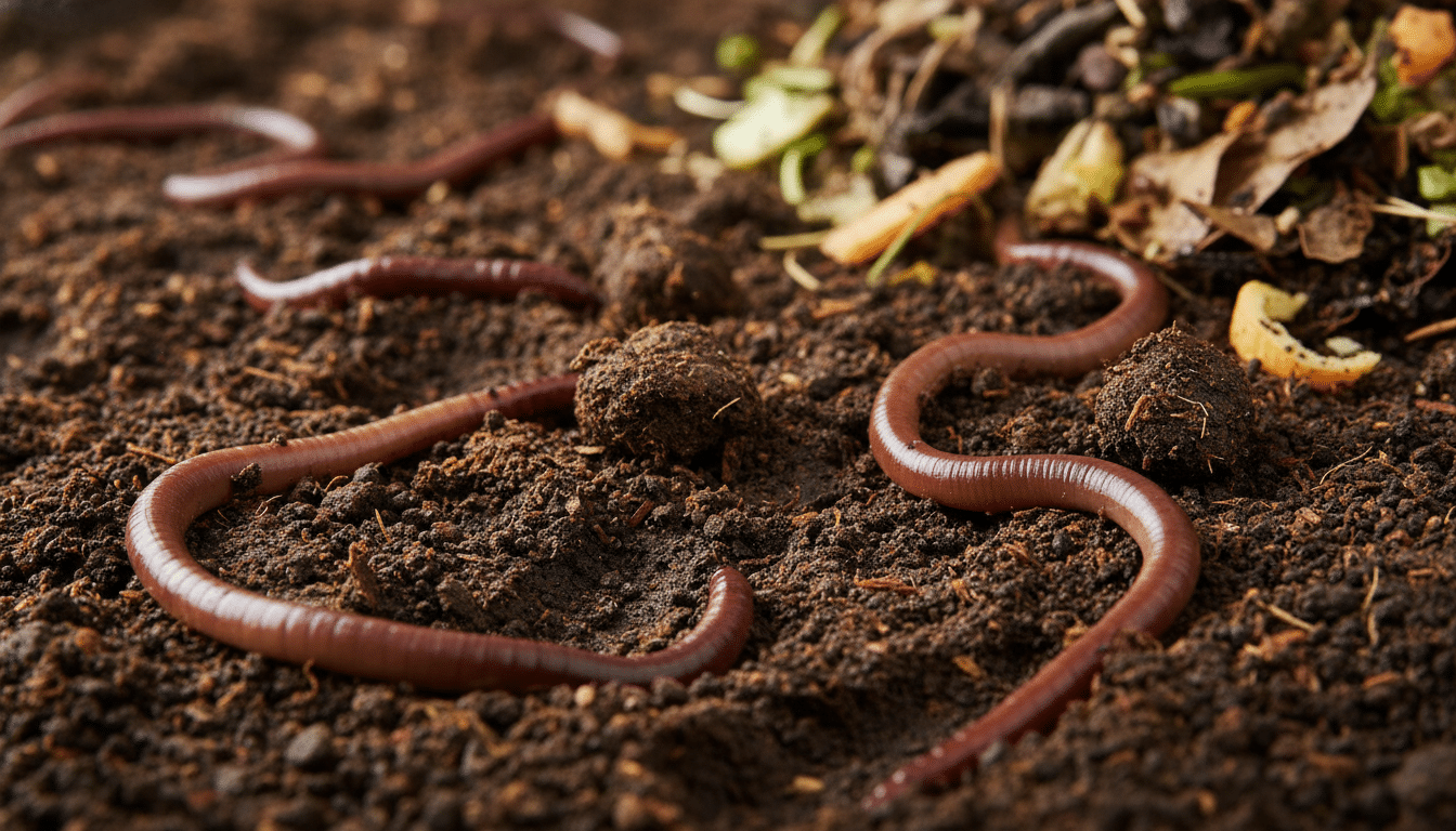 Lombrics dans un sol grouillant sous un composteur