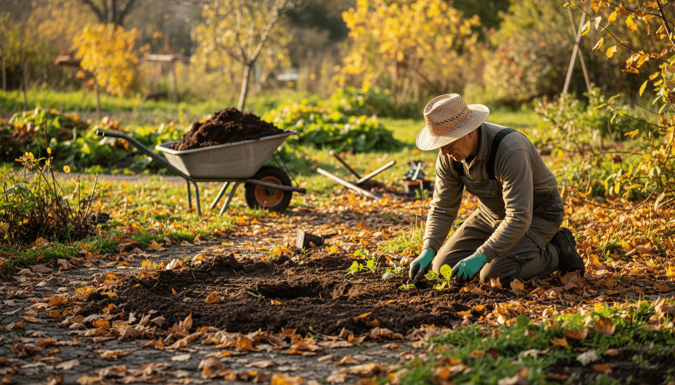 Jardinier plantant dans le sol régénéré par un composteur déplacé