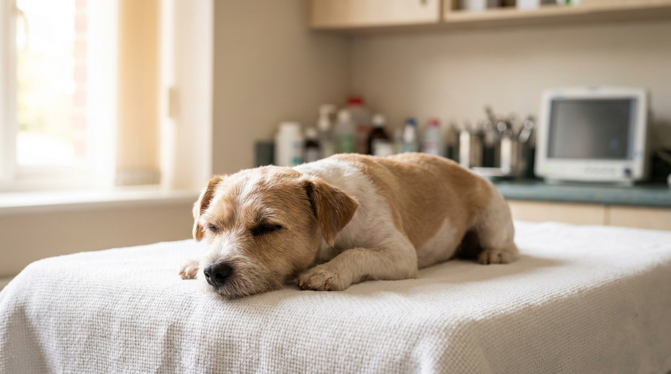 Chienne tondue et soignée allongée sur une couverture vétérinaire