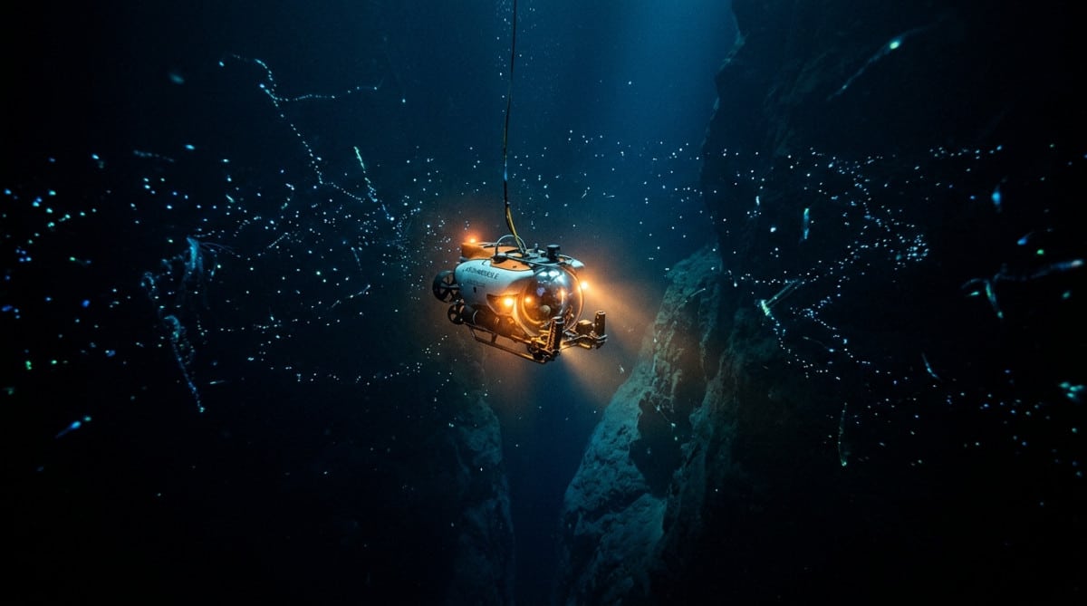 Sous-marin explorant les abysses océaniques profondes et sombres