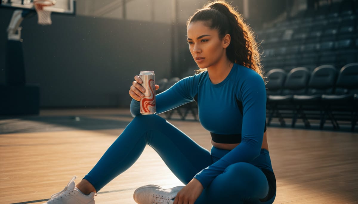 Sportive tenant une canette énergisante avant compétition