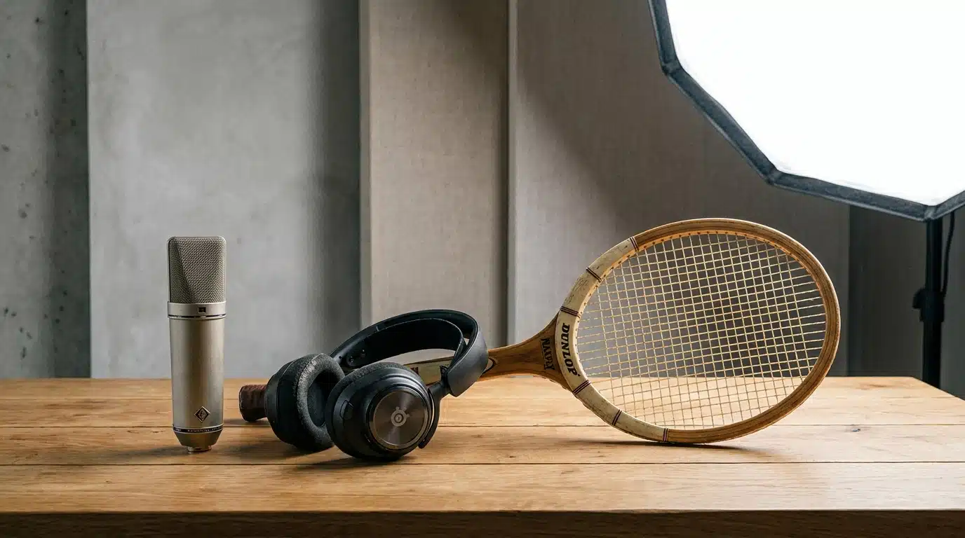 Micro de studio, casque gaming et raquette de tennis sur table, symboles des célébrités approchées par Mélenchon