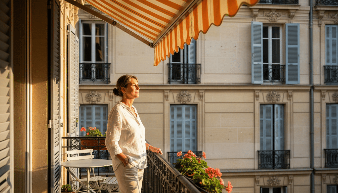 Personne sur un balcon avec un store banne déroulé