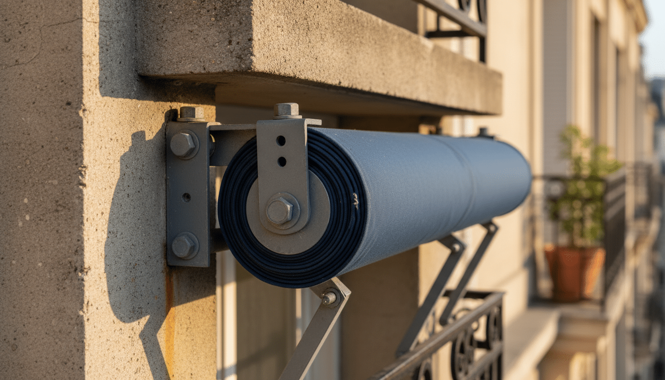 Fixation d'un store banne sur la structure d'un balcon